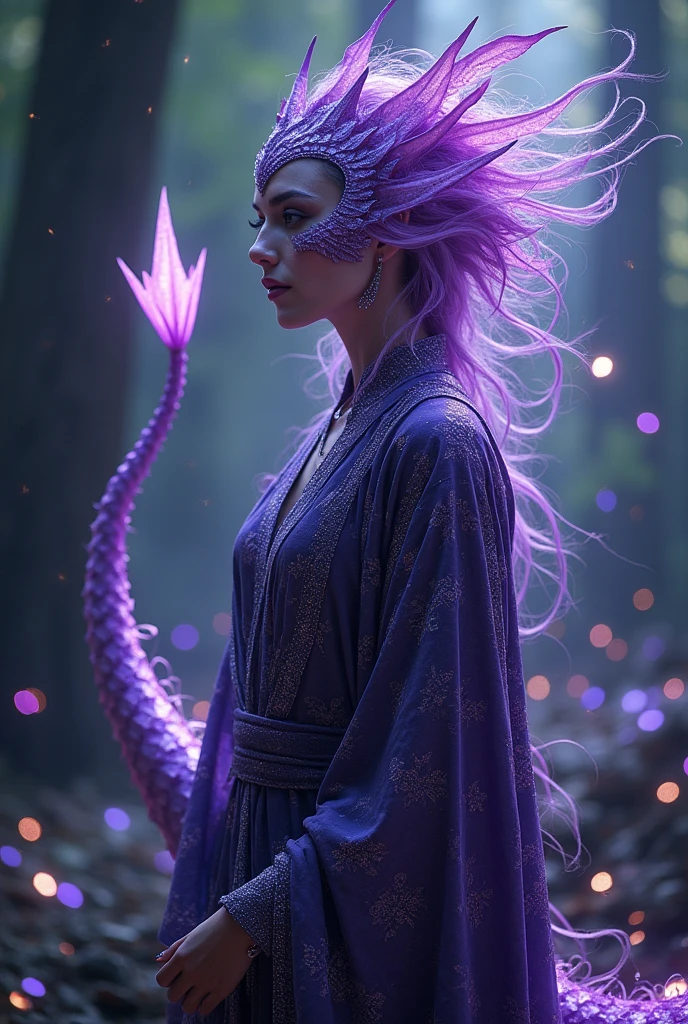 A woman with purple dragon scales on her face, dressed as a wizard and with a tail that has a triangle-shaped tip 