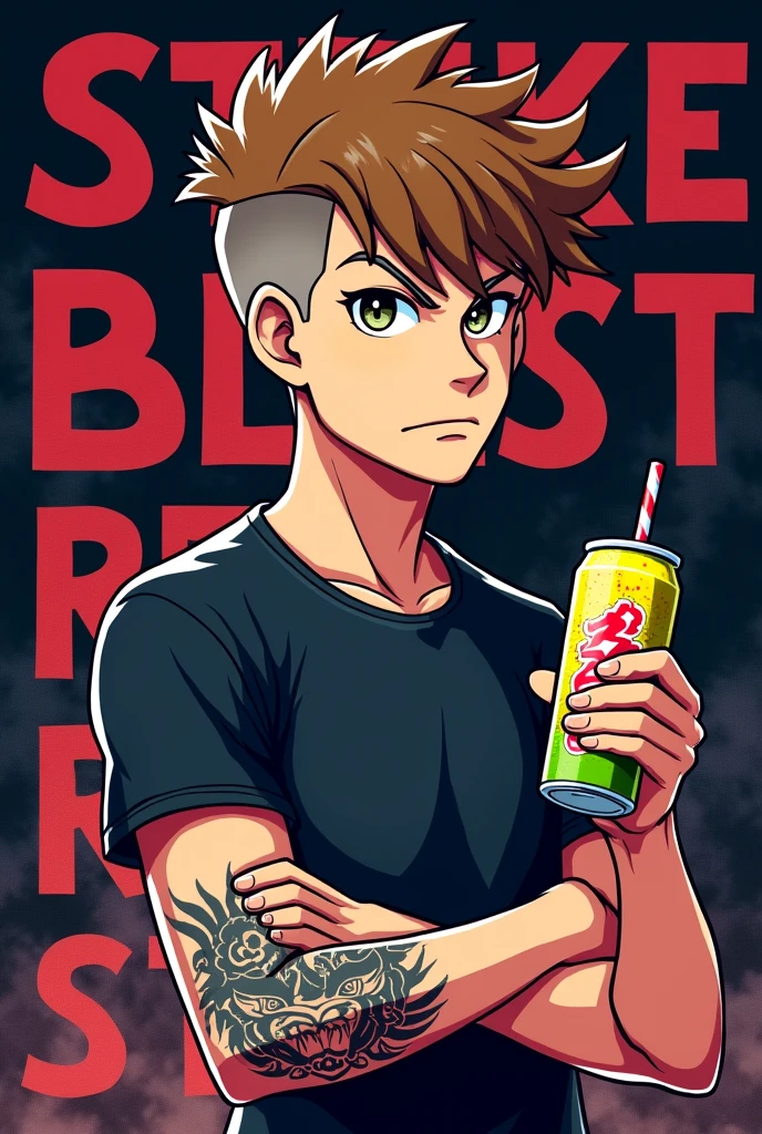 Create an image for stream anal with minimum dimensions of 128x128px and maximum of 3000x3000px that is cartoon style and has the word StrikeBlast written on it., with a dark but striking background but with a cartoonish teenage white man (Without beard) and funny and serious but not gay, with black shirt, Light brown hair, slightly curly and shaved on the sides, with only a tattoo of a Tengu mask on his forearm, while having a soft drink