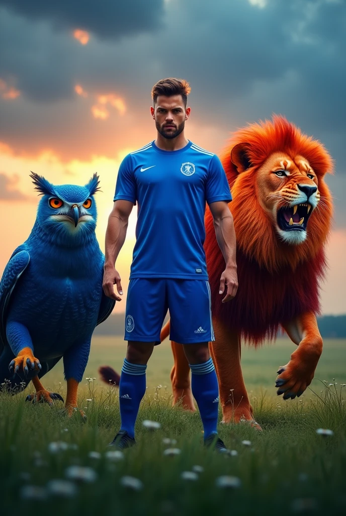 Create a 20 year old man in a full blue football shirt. Accompanied by an angry blue owl and a roaring red lion. The man who is in the center