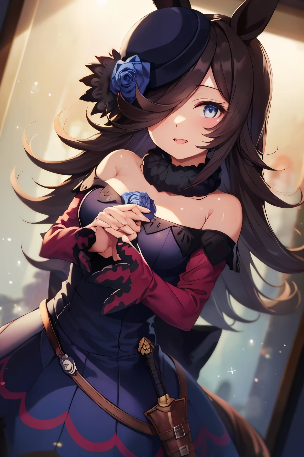 (Tabletop.Highest quality).(Dynamic Angle). (Incredibly detailed CG paintings),(Perfect Image)、Comic Strip.figure.One Girl.Detailed face、Perfect Face.Delicate face、Girl in delicate clothes、Textured skin、Black Hair.length、(Horse-eared girl)Horse-eared girl、((Beautiful Blue Eyes)).Delicate and beautiful eyes、The eyes are detailed、Reflected Eyes、Watery eye、smile.(Staring at the audience:1.3).(Face is a little red:0.8)、8k wallpaper、Cowboy Shot、reflected light、Highest detail、Complex、Delicate background、Textured skin、Detailed skin、(Ultra-high resolution)、