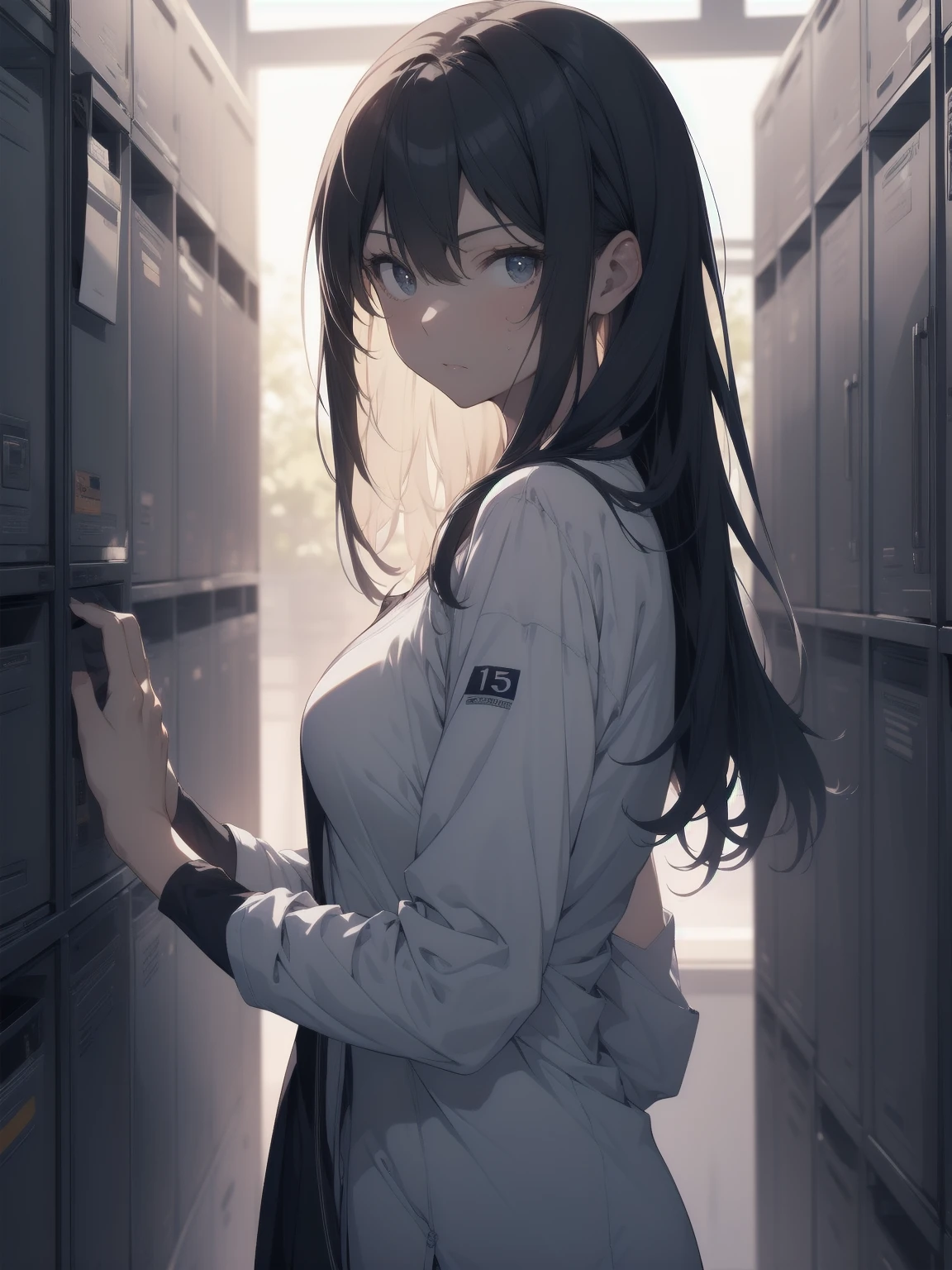 ultra-absurdres-Top quality by artist God, ultra-detailed, high resolution, anime moe artstyle, best anime 8k konachan wallpaper, pixiv contest winner, perfect anatomy,break, 1girl, (Please draw a girl dressing in locker room alone. )break,(Solo,little female, loli_face, 15-year-old:1.3),Full limbs, complete fingers, breasts, beautiful (well-shaped) breasts, navel, groin, butt, small black eyes, beautiful detailed eyes, well-proportioned iris and pupils, highres detailed hair, sweat, expressionless, (dressing, upper body in bra only, no shirt on, underwear):1.3, (Detailed Lighting), (Detailed background), in the locker room. break,super detailed skin, shiny skin, Best sexual lighting powered by famous artist, 8k,beauty illustration,photoshop_(medium),very aesthetic,break,((artist:rappa_(rappaya) )), artist:clamp ,artist:carnelian ,artist:kantoku ,