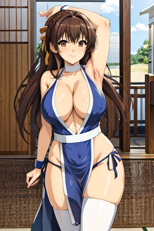 masterpiece, best quality, beautiful art, high resolution, well formed hands, body and fingers, 1 woman, solo, Haruhi Suzumiya, 31 years old, hair ornament, adult, grown up, big breasted, cleavage, full body, braided long hair, blue_japanese_clothes, wearing DOA Kasumi's blue kunoichi dress, sexy and skimpy japanese clothes, kimono peek, sleeveless, panties peek, white stockings, gorgeous legs and thighs, dancing seductively and erotically, turning backwards and forwards, shaking her body alluringly , sweating , bouncing breasts, smiling joyfully, looking at the viewer, flirting, beach environment
