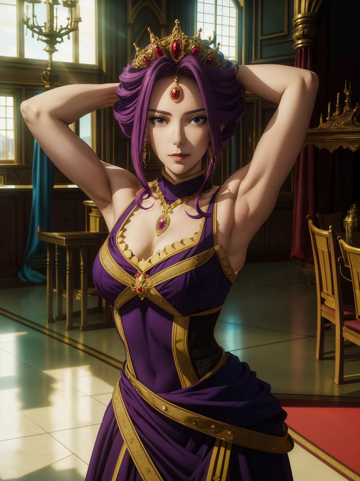 Armpit Show,Sleeveless,Highestquality, masterpiece,(sunset:1.2),Inside the castle, Great Hall ,Red carpet on the floor,
Stand in an upright and immobile position,
Queen's Dress,Long sleeve,Golden crown with jewels,clavicle, Deep valley,
purple_hair, purple_eye, jewelry, Earrings,
1 person, 20-year-old,infp young woman,beautiful Finger,beautiful long legs,beautiful body,
beautiful nose,beautiful character design, Perfect Eyes, 完璧なface,表情豊かなeye,
View your viewers, Center the image,(Upper Body_body),(彼女のfaceに注eye),
Official Art,Very detailed CG Unity 8k 壁紙, Perfect Lighting,colorful, bright_front_face_Lighting,Glowing Skin,
(Tabletop:1.0),(Highest_quality:1.0), 超High resolution,4K,Very detailed,
photograph, 8k, Hmph, High resolution, Absurd:1.2, 400 for Kodak Port, Film Grain, Blurred Background, Bokeh:1.2, Lens flare, (Vibrant_color:1.2)
(beautiful,chest), (beautiful_face:1.5),(narrow_Waist),