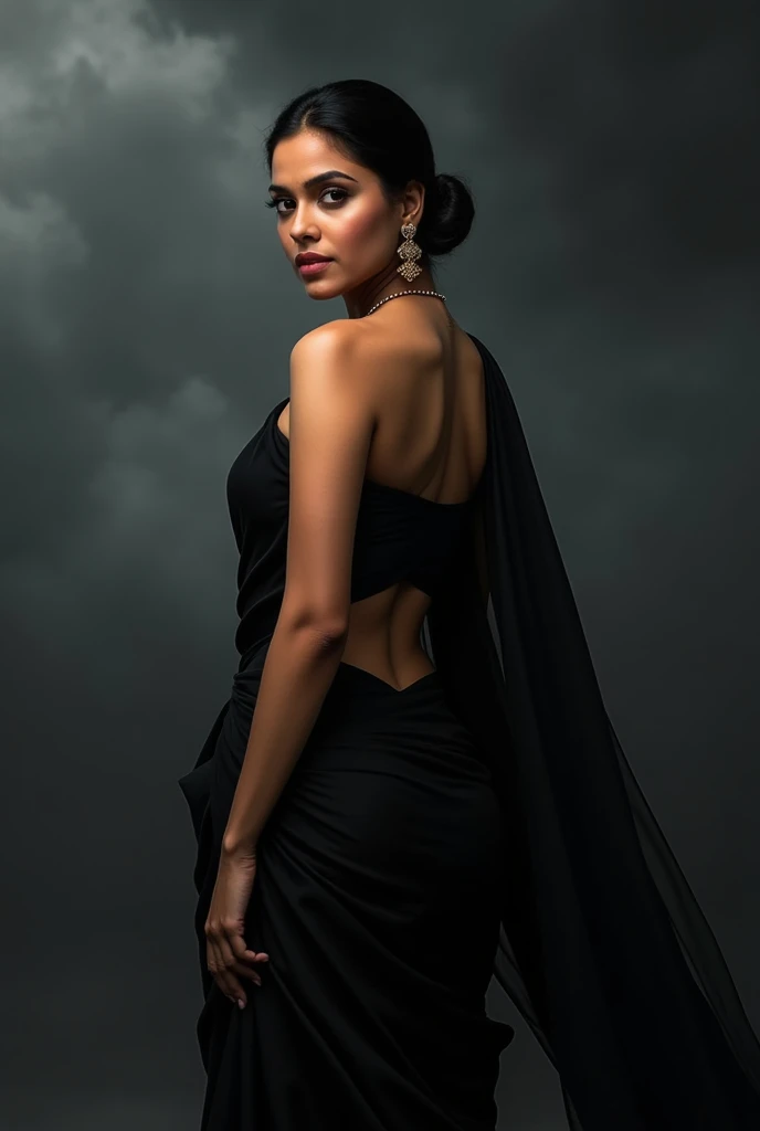 Tamanna bhatia showing hips,cloud, black saree, no sun light, no lose hair, pinned hair, raw photo, big tits, realistic picture, realistic skin, ultra detailed, photoshoot