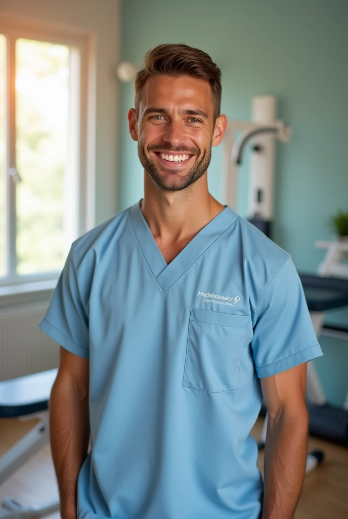 Beautiful boy with tan skin color with short hair, dressed as a physiotherapist, happy at his workplace.