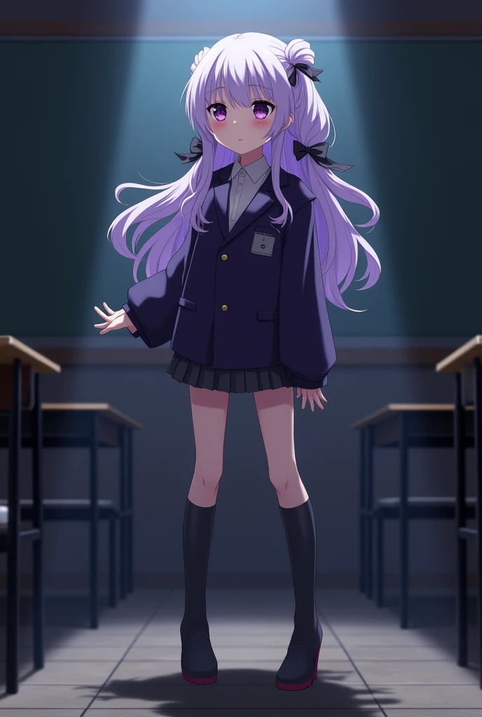 Shy blushing in shocked 18 years old Kyoko Kirigiri from Danganronpa because She wanna tell you She is a futa. Kyoko is a relatively tall, pretty girl with purple eyes and a pale complexion. She wears her lavender hair down and with a braid on the side, tied with a black ribbon. Her outfit consists of a dark purple collared jacket over a white blouse and brown tie, along with a short skirt and heeled knee-high boots.
