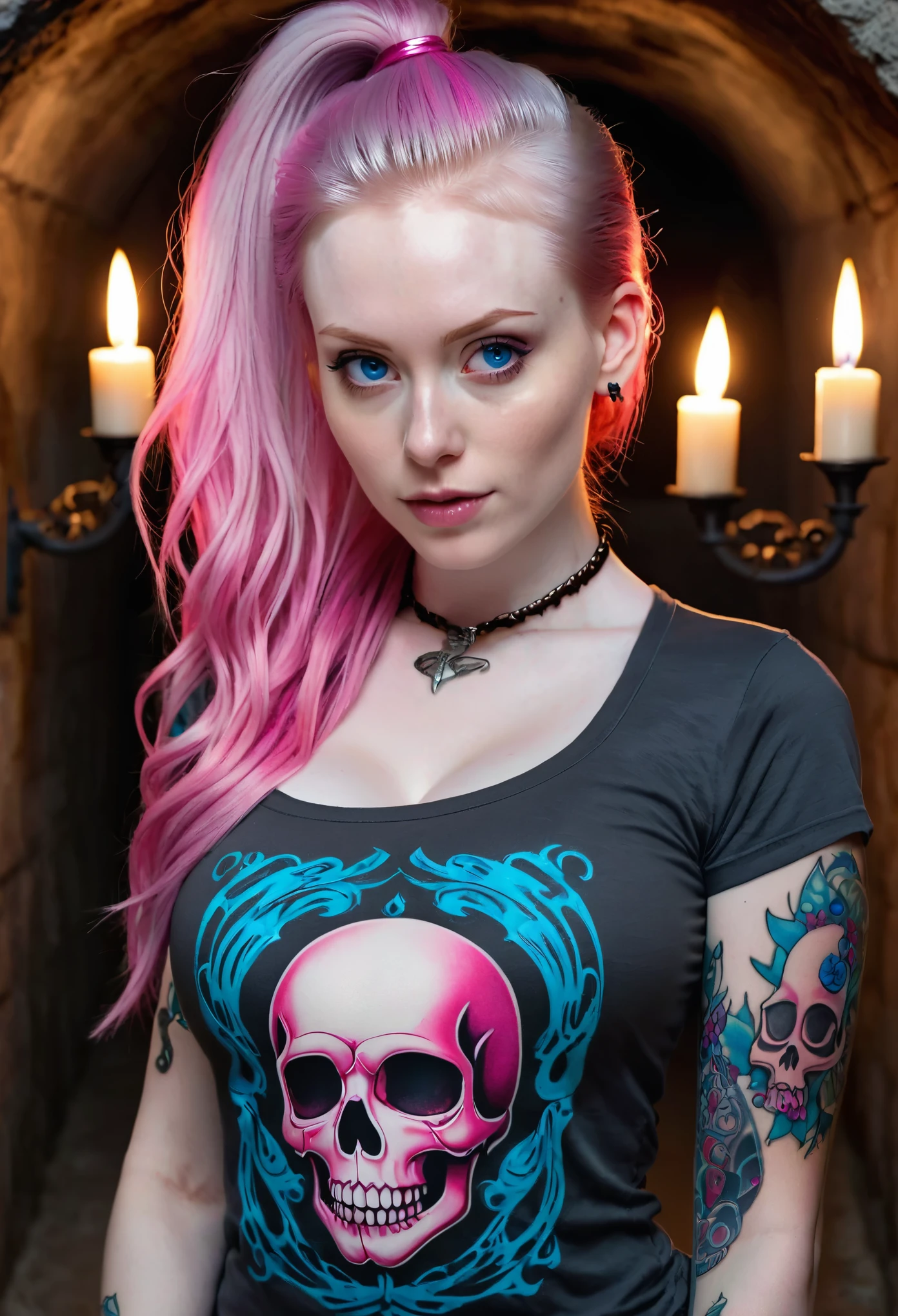 skini girl, grey t-shirt , (((((pale skin)))))), blue eyes,
white girl, deep pink hair, ultra realistic, ,
large breast, (((huge breast))), ponytail hair,
dark tunnel full of skulls with little light background,
candle lights,
((tattoo skull breast))