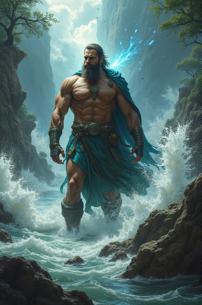 The scene changes to floods and overflowing seas. Strong air currents shake the trees. **Earth** is revealed, surrounded by natural energy, showing his determination.
