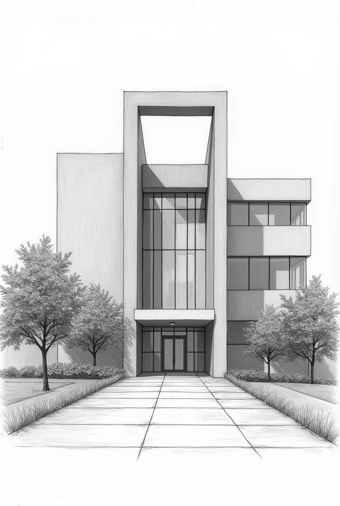 Hello, generate a sketch of the facade of a hospital that has a vertical rectangle in the center and another horizontal one in a more isometric view PENCIL SKETCH