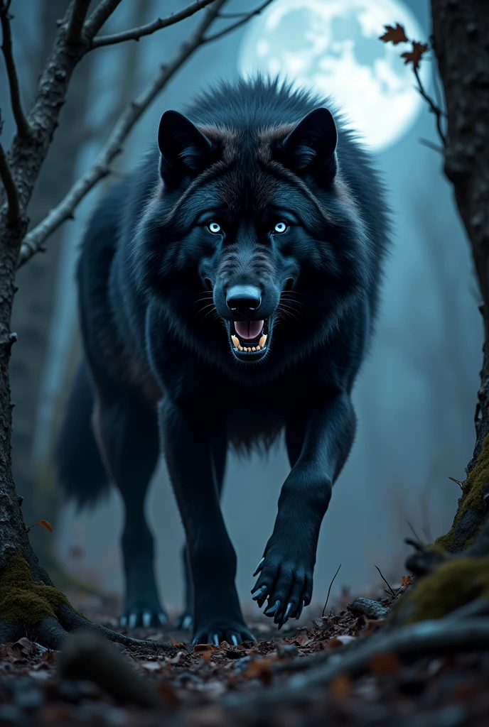 From the right angle,in black,A wolf with blue eyes and slightly narrowed eyes, growling with its teeth visible and in an attacking position.