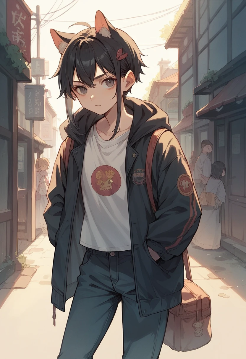 anime girl, panter ears, black hair