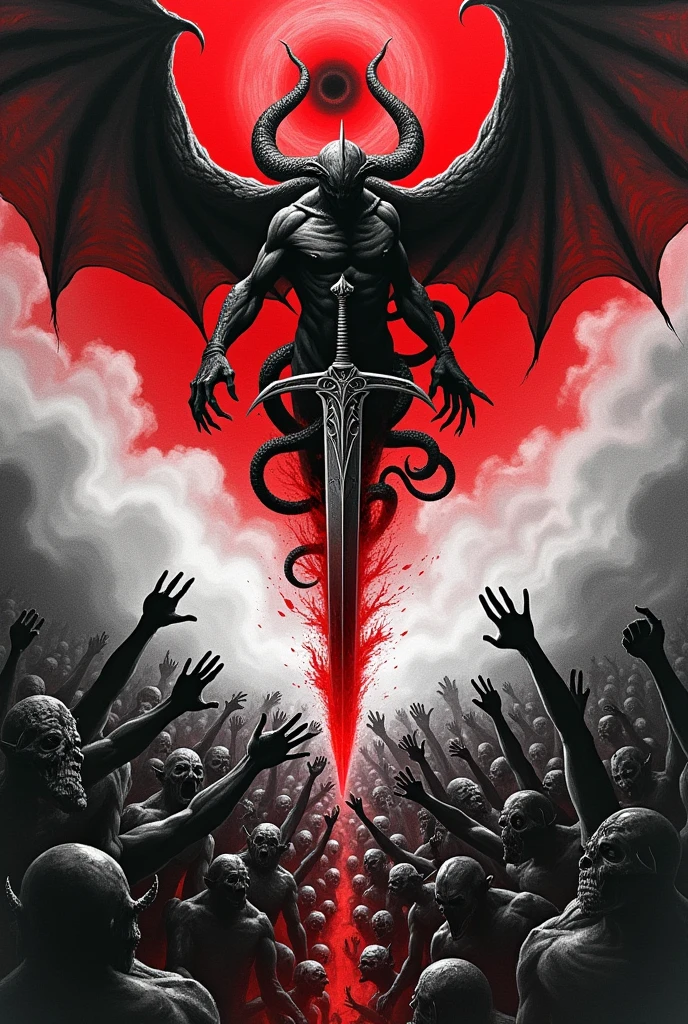 black and white (charcoal and ink) with red theme, blood, red lightning, Hyperrealistic, Masterpiece, Photorealistic, best quality, intricate details, sharp focus, hyper detailed, dark and mysterious, reaching towards a bunch of humanoid demons from above, monsters from above, third eye in background like Sauron's eye, dark creepy background, tormented mind visualized as a spiraling path into the void, insanely detailed and intricate, hypermaximalist, elite, horror, creepy, ominous, haunting, matte painting, resolution, unity 8k wallpaper, (illustration:0.8), perfect lighting, extremely detailed CG, (perfect hands, perfect anatomy), winged demon hovering above with serpents surrounding his sword, cyber sigilism, fantasy horror, diptych art