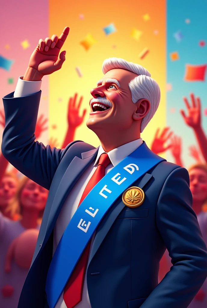 Create a single image featuring four distinct 3D-style election flyers ("santinhos"), each with its own character. The image should be divided into four equal sections, each representing a different character. The overall design should be modern, colorful, and have a lighthearted, almost playful tone, despite the serious themes each character represents. The characters should be stylized but realistic, with expressive faces that convey their roles.
Santinho 1: Elected Politician
Character: A confident, successful politician.
Appearance: Dressed in a sharp suit with a blue sash across the chest that says "Elected." The character has a confident smile, a raised hand as if acknowledging applause, and a medal pinned on the suit jacket.
Background: A vibrant backdrop with campaign colors, perhaps with faint images of supporters cheering.