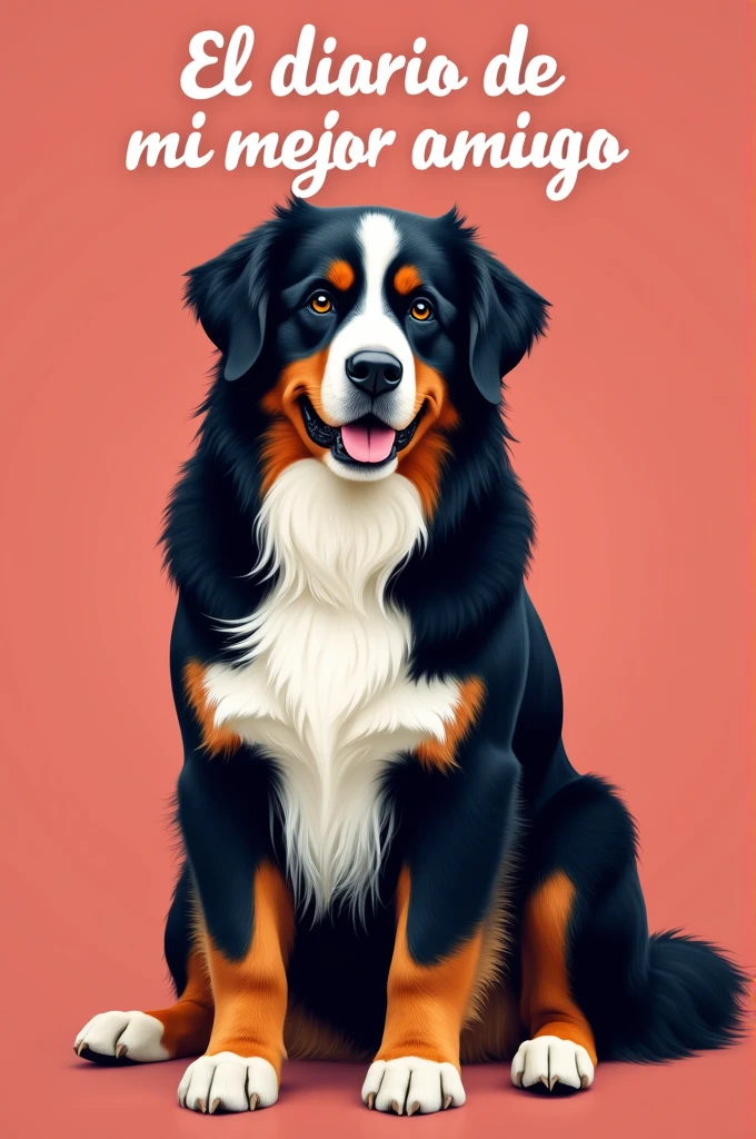 Bernese mountain dog image with title my best friend's diary in spanish and solid blush red background