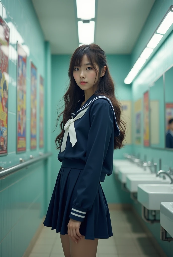 A second-year junior high school student wearing a navy blue sailor uniform, long hair, no-set ribbon, white color, black tights, inside the girls&#39; restroom
