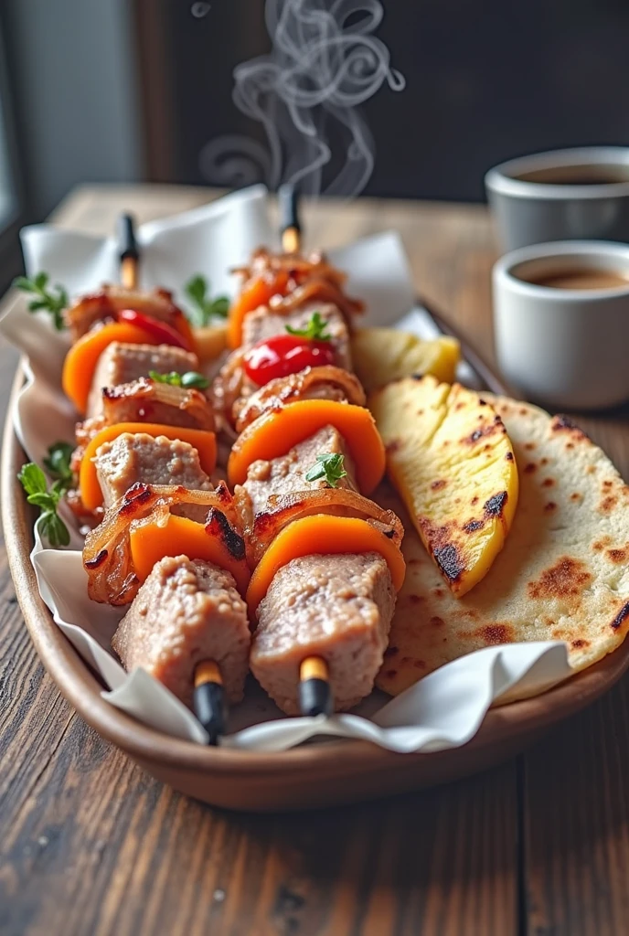 A cup of black coffee with a well-cooked skewer with 4 pieces of pork and between each piece of meat there must be a carrot, sweet chili and onion , with a small 10-centimeter tortilla and a small 5-centimeter triangle of grilled pineapple
