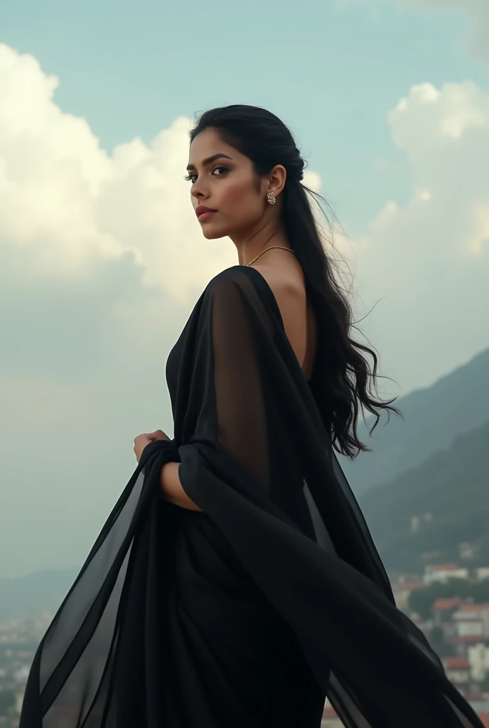Tamanna bhatia showing hips,cloud, black saree, no sun light, no lose hair, pinned hair, raw photo, big tits, realistic picture, realistic skin, ultra detailed, photoshoot