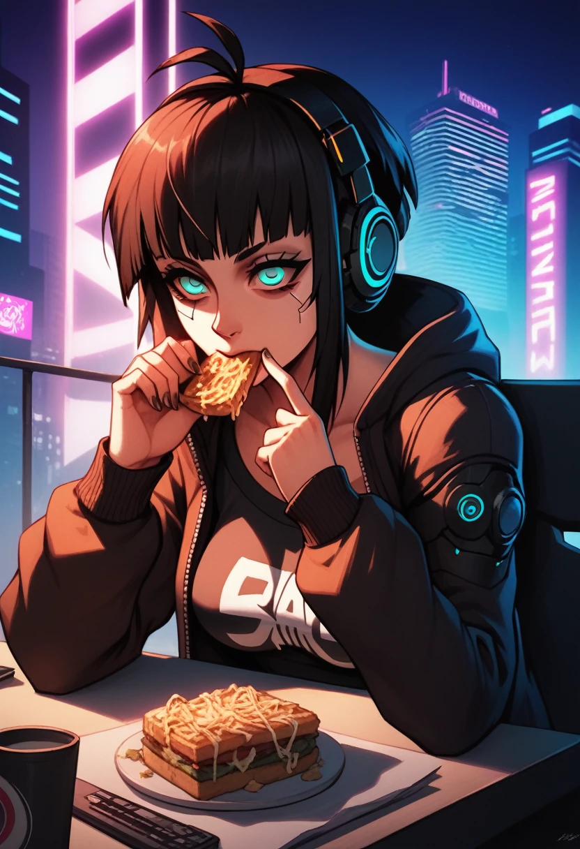 masterpiece, (best quality:1.2), (sharp focus:1.2), 1 girl, solo focused, human face, long eye lashes,bangs, antenna hair, medium breasts, hoodie, headphones, cybernetics, cyber arms,  exhausted, eye bags, neon lights, dark night, outdoors, skyscrapers, cyberpunk, futuristic, night city, messy black hair, dark blue eyes, lazy expression, leaning on the table, eating, noodle, half asleep, emotionless, shut in, heavy dark eye bags, holding a smartphone, hand on chin, adult tall, women, nighttime, neon lights, city advertisements, robots, mech, futuristic cloths 