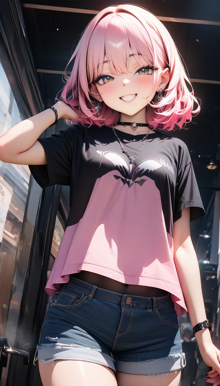 ((最high quality, 8k, masterpiece)), High resolution、(high quality: 1.5)、Very detailed、Detailed face、Bright colors、Natural light、Fine grain、Colorful eyes、Beautiful Face、Highly detailed face texture of a woman,masterpiece, 最high quality, Detailed and beautiful eyes,最high quality、Best image quality、masterpiece,girl,smile,From below,grin,(Brat),Pink Hair,Cute clothes,Printed shirt,Shorts,Just beautiful,masterpiece,(laugh at),最high quality、so beautiful,High resolution,1girl, solo,(masterpiece:1.2)、(最high quality:1.2)、Latest Glossy Skin