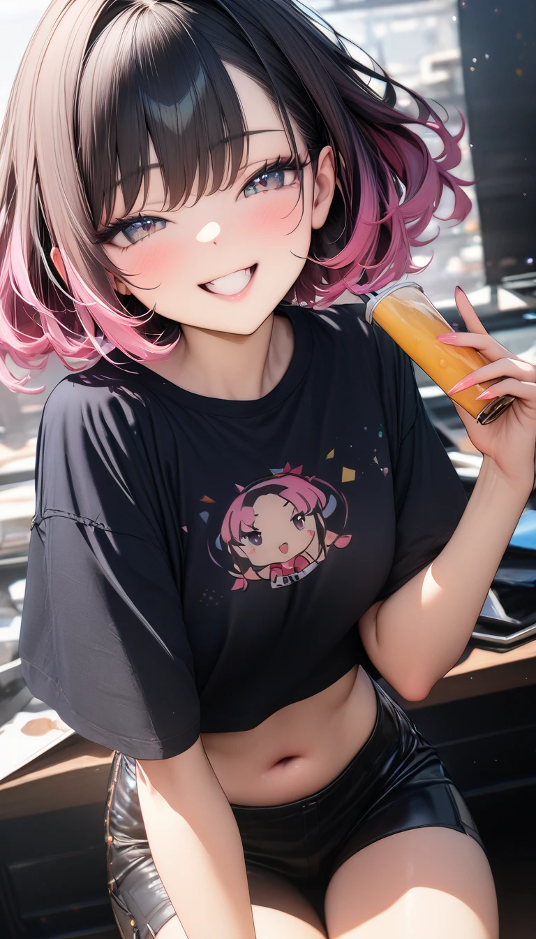 ((最high quality, 8k, masterpiece)), High resolution、(high quality: 1.5)、Very detailed、Detailed face、Bright colors、Natural light、Fine grain、Colorful eyes、Beautiful Face、Highly detailed face texture of a woman,masterpiece, 最high quality, Detailed and beautiful eyes,最high quality、Best image quality、masterpiece,girl,smile,From below,grin,(Brat),Pink Hair,Cute clothes,Printed shirt,Shorts,Just beautiful,masterpiece,(laugh at),最high quality、so beautiful,High resolution,1girl, solo,(masterpiece:1.2)、(最high quality:1.2)、Latest Glossy Skin