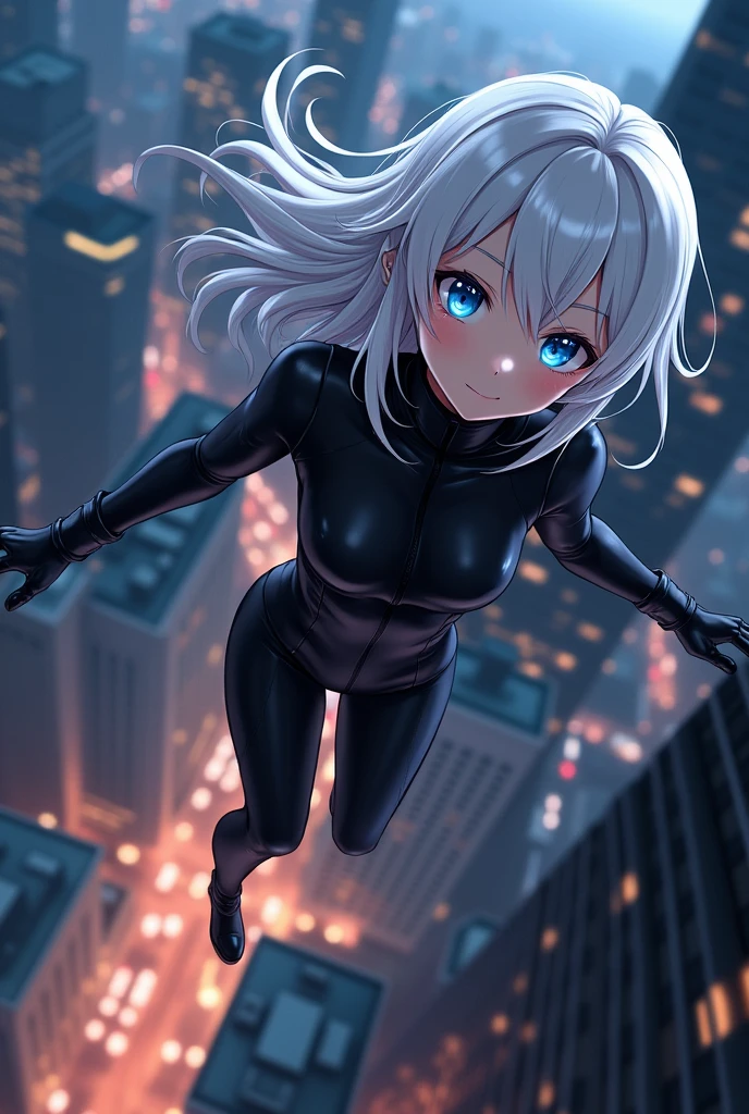 White haired anime girl with black hair, blue eyes, spy suit doing a mission falling from a building 