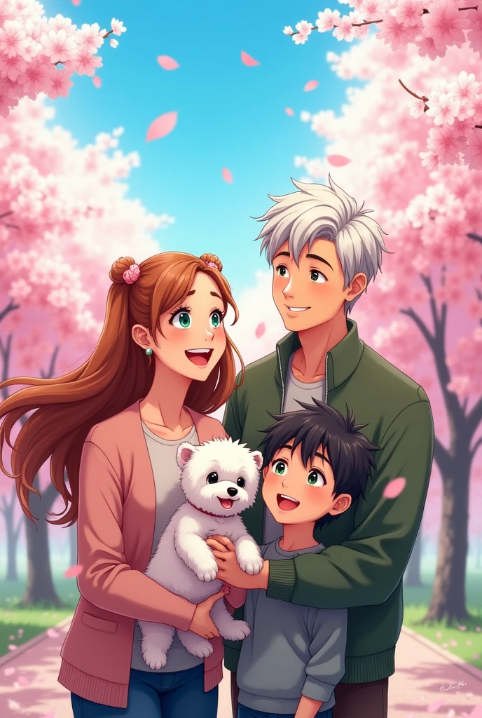 A family of 5 in anime style, a 40 year old mother, a 50 year old dad, a 15-year-old daughter and a 17-year-old son with a white Bichon Maltese dog