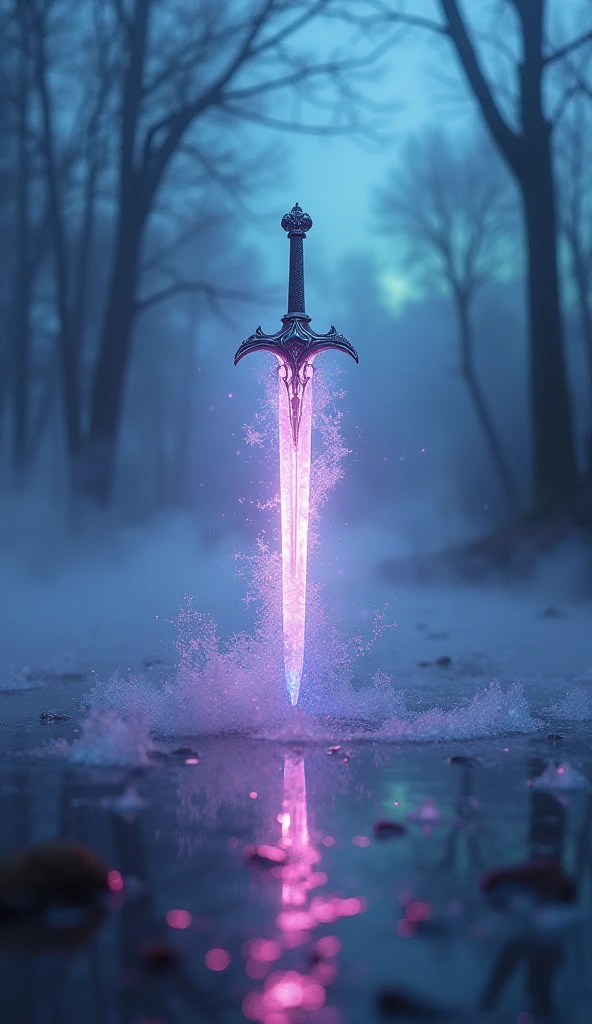 Mysterious fusion of aurora and fog, Holographic coating, Neon light reflection, Mysterious transparency, Absurd Aesthetics, The will-o'-the-wisp floats in the air, Water and Sword