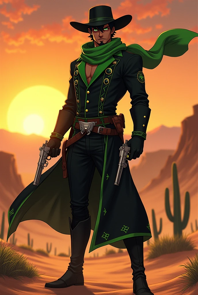 An anime character: a man with dark skin, black hair and green eyes, He is also sporting a short beard. 
He wears a black cowboy outfit with green details, including a hat and a long, black scarf, holding a colt in each hand in attack position. 
Ao fundo, a desert of the old Wild West.