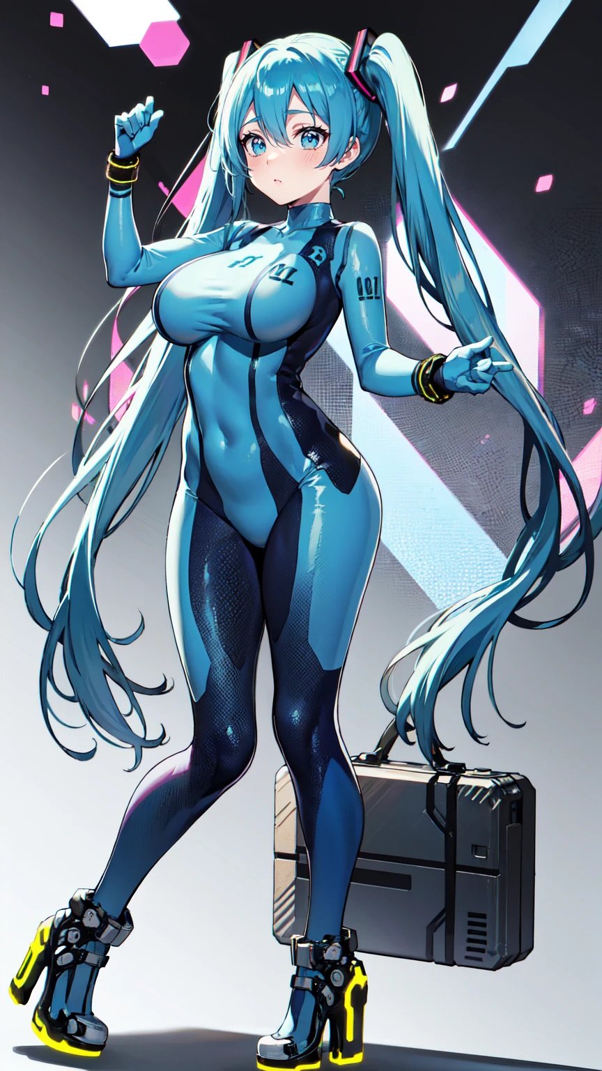 masterpiece, Hatsune Miku Vocaloid, Twin tails, Bright Blue Eyes, Light blue hair, ((Pichi Pichi body suit)), cyber punk, High heels, ((Ultimate toned physique)), Beautiful Eyes, ((Big Breasts)), 8k CG, Highest quality, Best image quality,