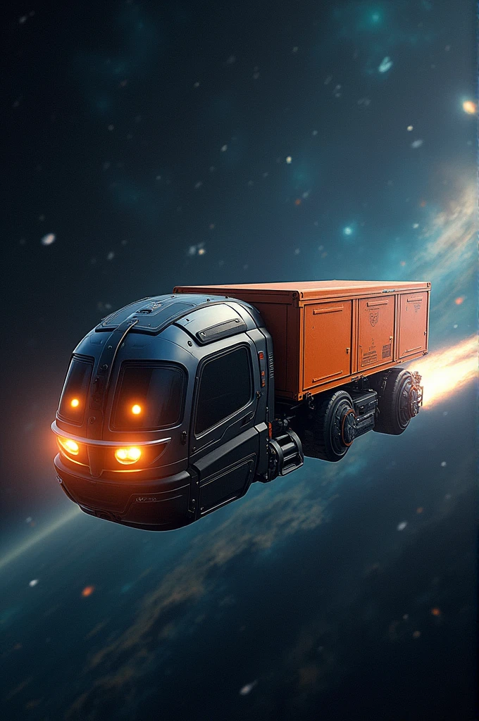 Imagine a cargo spaceship, that specializes in transporting loads of approximately 20 tons in outer space that is inspired by the HERO HUNK 150 motorcycle, This ship has an attachable orange container where it transports the merchandise.