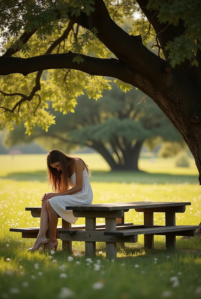 Image of two rustic wooden benches and a woman sitting with her head down on one of them, under a tree in a field.