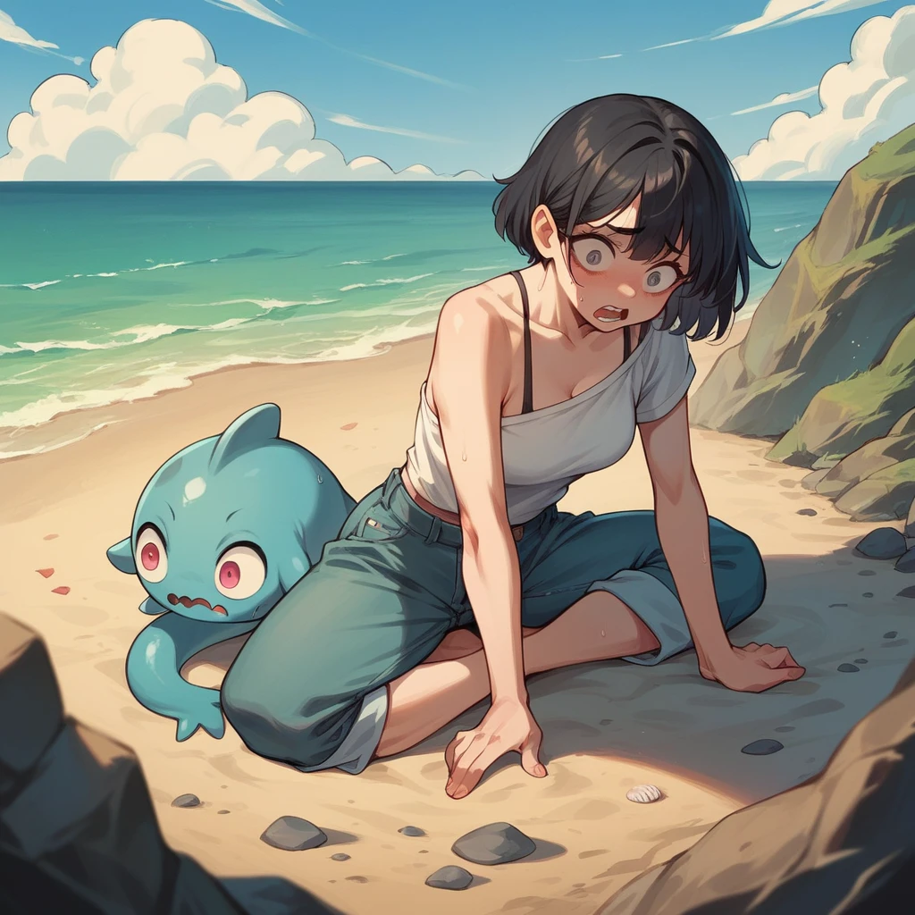 you stumble upon a female sea creature, who has black hair and is sitting on a rock on the beach. she looks shocked seeing you