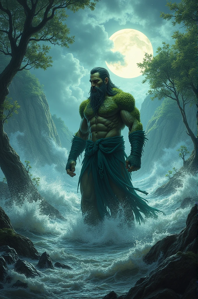 The scene changes to floods and overflowing seas. Strong air currents shake the trees. **Earth** is revealed, surrounded by natural energy, showing his determination.