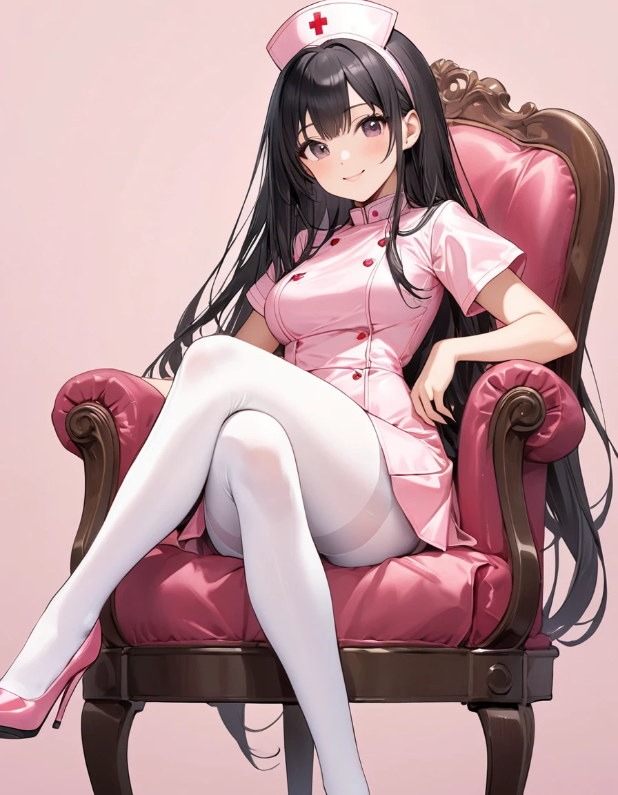 Woman, cute, adorable,  smiling, straight hair, long hair, black hair, (sitting on chair:1.8),
(crossed legs:1.3),
 BREAK (light-pink theme:1.4), (light-pink nurse cap on head:1.4), (elegant and glossy pink satin fabric luster:1.3), ((fit and flare, A-line):1.3), (fusion of very short sleeve light-pink satin one-piece dress and A-line ultra miniskirt:1.4), ((high neck, side open stand collar):1.3), ((closed-fitting, emphasizes body line):1.3), ((white overknee socks, white thigh-high tights):1.3), (pumps:1.2),