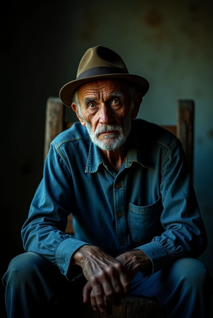 Create a man, he is sitting on a wooden chair looking straight ahead. As if telling a horror story, he is about 60 years old, wears a farmer&#39;s hat and is wearing a blue checkered shirt. The light in the background is off. Make it scarier as if you were telling a horror story.. PICTURE REALISTIC. Make it closer to the camera, scary picture 