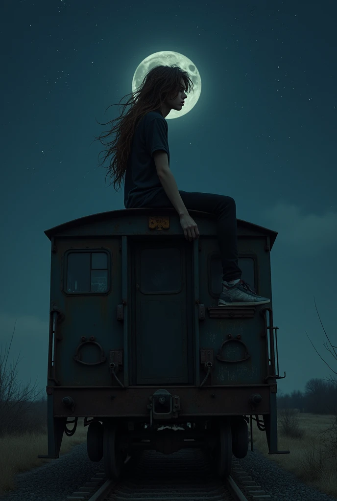 tall sad male teen with details tall hair long brown hair black shirt short sleeve ultra detailed sitting on top of an old train at night best quality