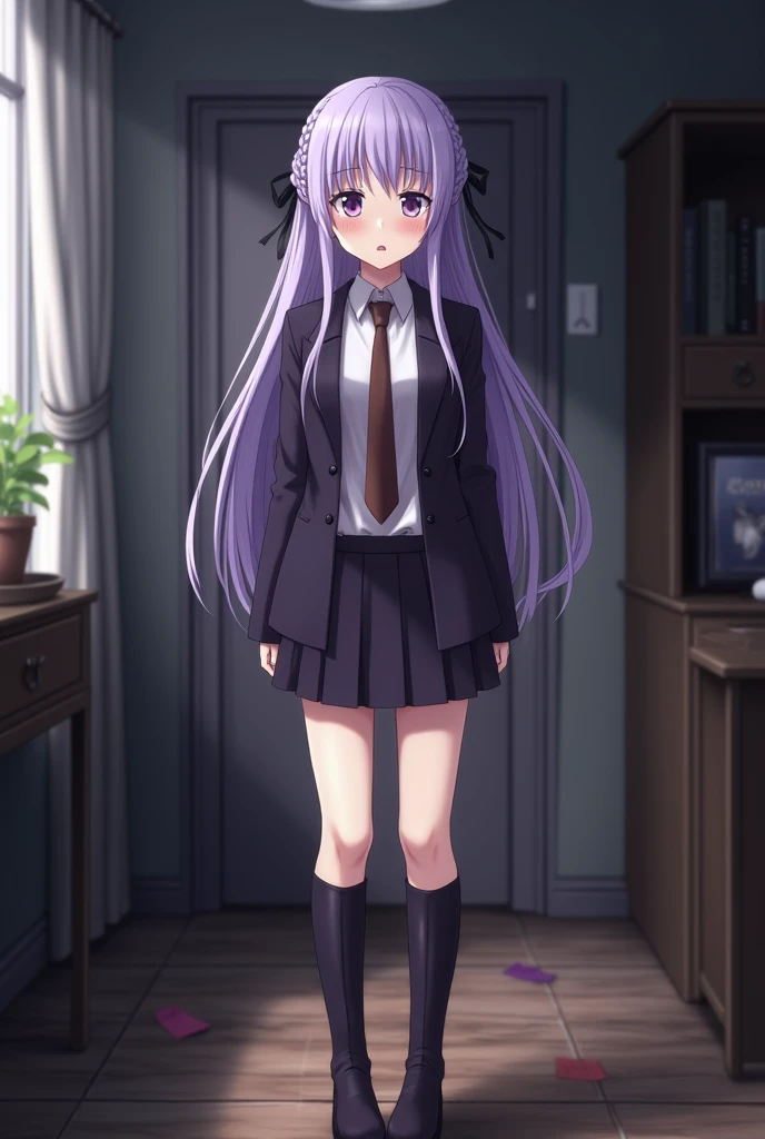 Shy blushing in shocked 18 years old Kyoko Kirigiri from Danganronpa because She wanna tell you She is a futa. Kyoko is a relatively tall, pretty girl with purple eyes and a pale complexion. She wears her lavender hair down and with a braid on the side, tied with a black ribbon. Her outfit consists of a dark purple collared jacket over a white blouse and brown tie, along with a short skirt and heeled knee-high boots. 
