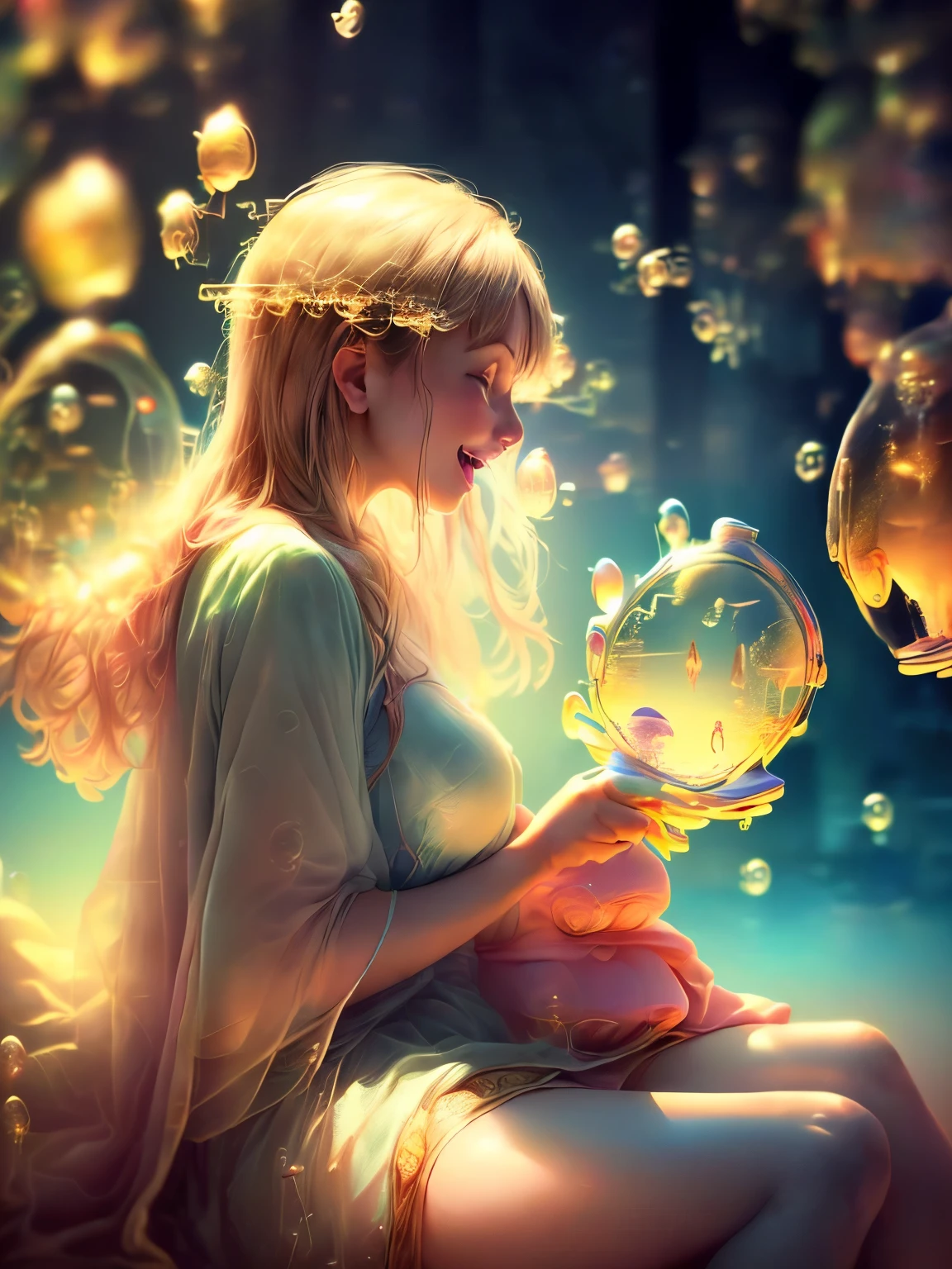 ((A beautiful young woman (Full shot soap bubbles: 1.5), Sitting on a pink pillow: 1.5)), ((Fly through a beautiful and magical fairytale town: 1.4)), (Super detailed : 1.3), ((Clothing: A delicate dress with floral embellishments: 1.4)), ((sunset background below a beautiful fairy tale landscape: 1.3)), ((Imaginative scenes)), ((Perfect face and body, Attention to detail: 1.3)), ((Long-distance shots: 1.4)),((Highest quality)), ((masterpiece)), 3d, (((sunset:1.2))), (Realistic:1.4), ((Profile Camera)), (Laughing happily, Place your hand inside the bubble, I was surprised by the beautiful fairy town.:1.4), ((Cinema Lighting: 1.2)), 32K.