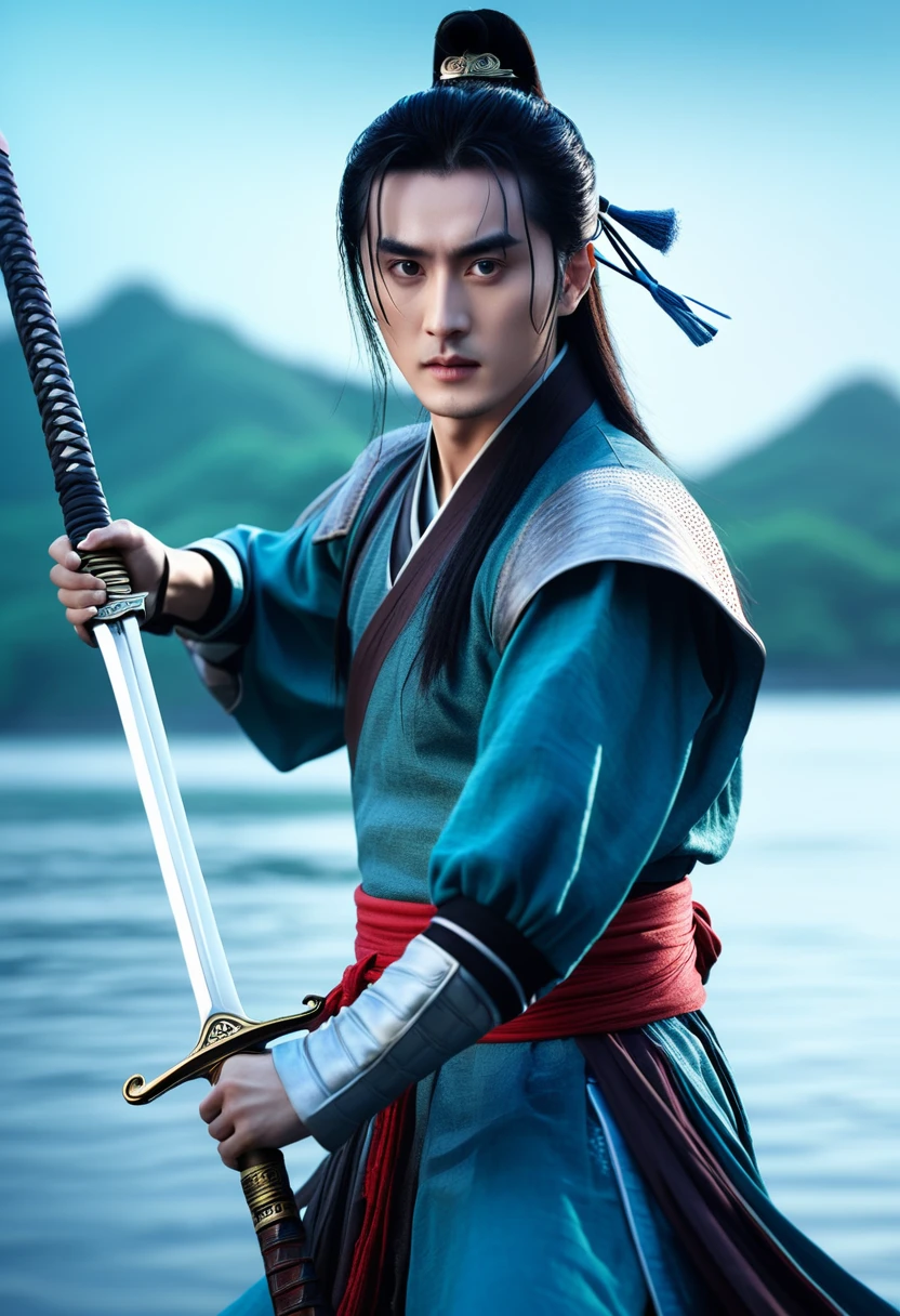 A close up of a person holding a sword near a body of water, zhao yun, xianxia hero, cai xukun, yan, xianxia fantasy, li zixin, heise jinyao, wuxia, inspired by Guan Daosheng, inspired by Wuzhun Shifan, movie promotional image , full body wuxia.
Hong Kong cinema wing. Cinematic lighting, high detail, 8K, artstation, conceptual art, dark fantasy. Photo taken with Canon EOS R5 85mm f/11 camera, ((sharp)) mode of people and surroundings. Image quality ((8K)), ((realistic)), ((masterpiece)), ((sharpest and highest contrast)), ((excellent depth of field)), ((stereoscopic lighting)), ((angry, ferocious )), detailed pores, ((Direct light on the face)), bright sunlight.