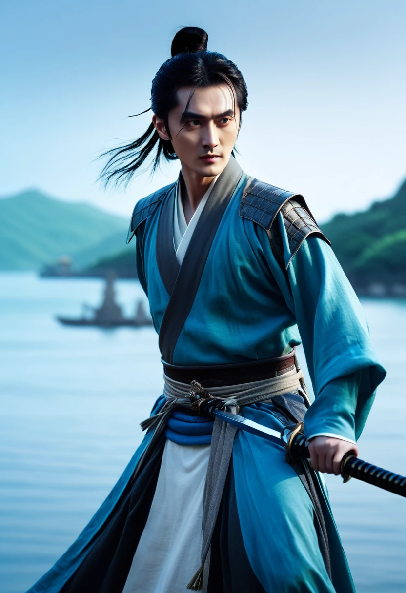 A close up of a person holding a sword near a body of water, zhao yun, xianxia hero, cai xukun, yan, xianxia fantasy, li zixin, heise jinyao, wuxia, inspired by Guan Daosheng, inspired by Wuzhun Shifan, movie promotional image , full body wuxia.
Hong Kong cinema wing. Cinematic lighting, high detail, 8K, artstation, conceptual art, dark fantasy. Photo taken with Canon EOS R5 85mm f/11 camera, ((sharp)) mode of people and surroundings. Image quality ((8K)), ((realistic)), ((masterpiece)), ((sharpest and highest contrast)), ((excellent depth of field)), ((stereoscopic lighting)), ((angry, ferocious )), detailed pores, ((Direct light on the face)), bright sunlight.