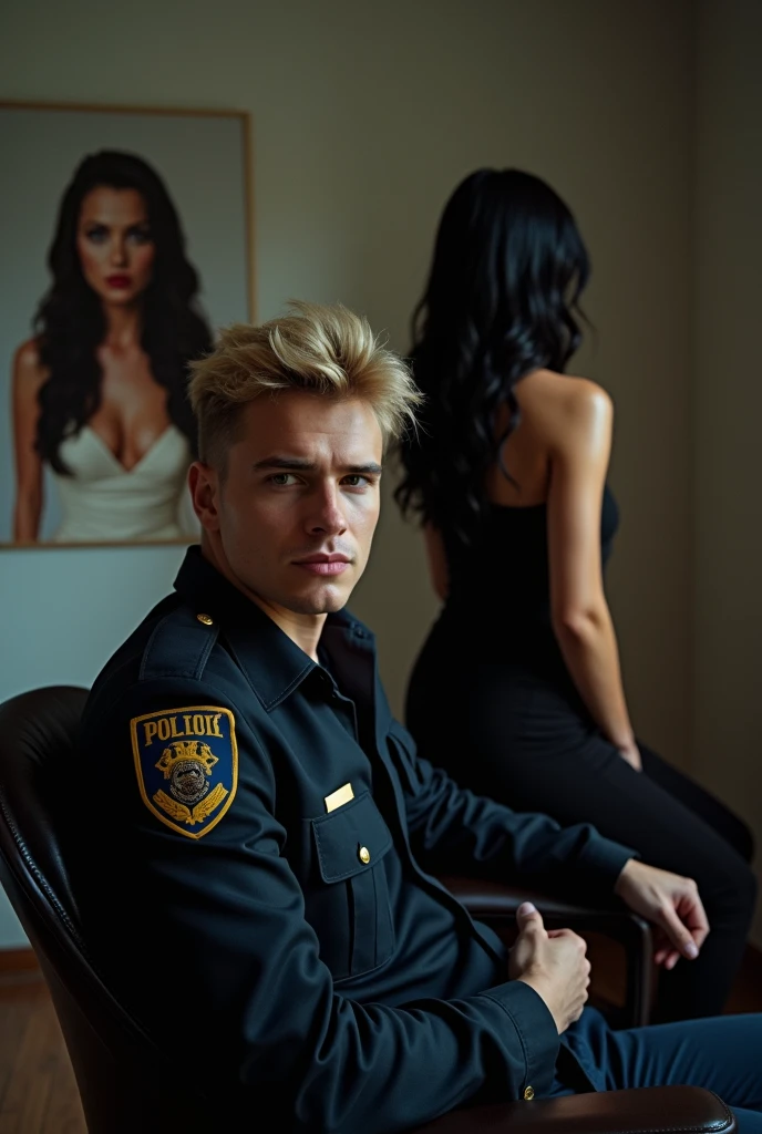 Create for me the image of a masculine man with blond and young features. He is sitting in a chair while a woman with her back to him, dressed as a police officer and with black hair, appears to be dancing for him. Next to this image is a photo of a bride with an angry face.