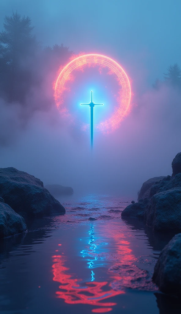 Mysterious fusion of aurora and fog, Holographic coating, Neon light reflection, Mysterious transparency, Absurd Aesthetics, The will-o'-the-wisp floats in the air, Water and Sword