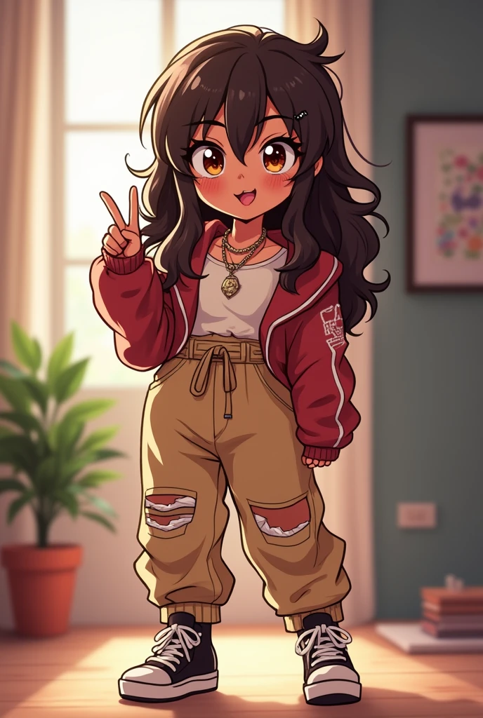cute anime character girl, hot sister, sticking tongue out, showing peace sign, ((drool)), messy wavy long hair, brown skin, heart-shaped pupils, choker with heart pendant, wearing loose baggy hip-hop fashion, high heels, attractive and seductive face, make-up, superlative body proportion, indoors, 2.5D, delicate and dynamic, graphic CG digital art