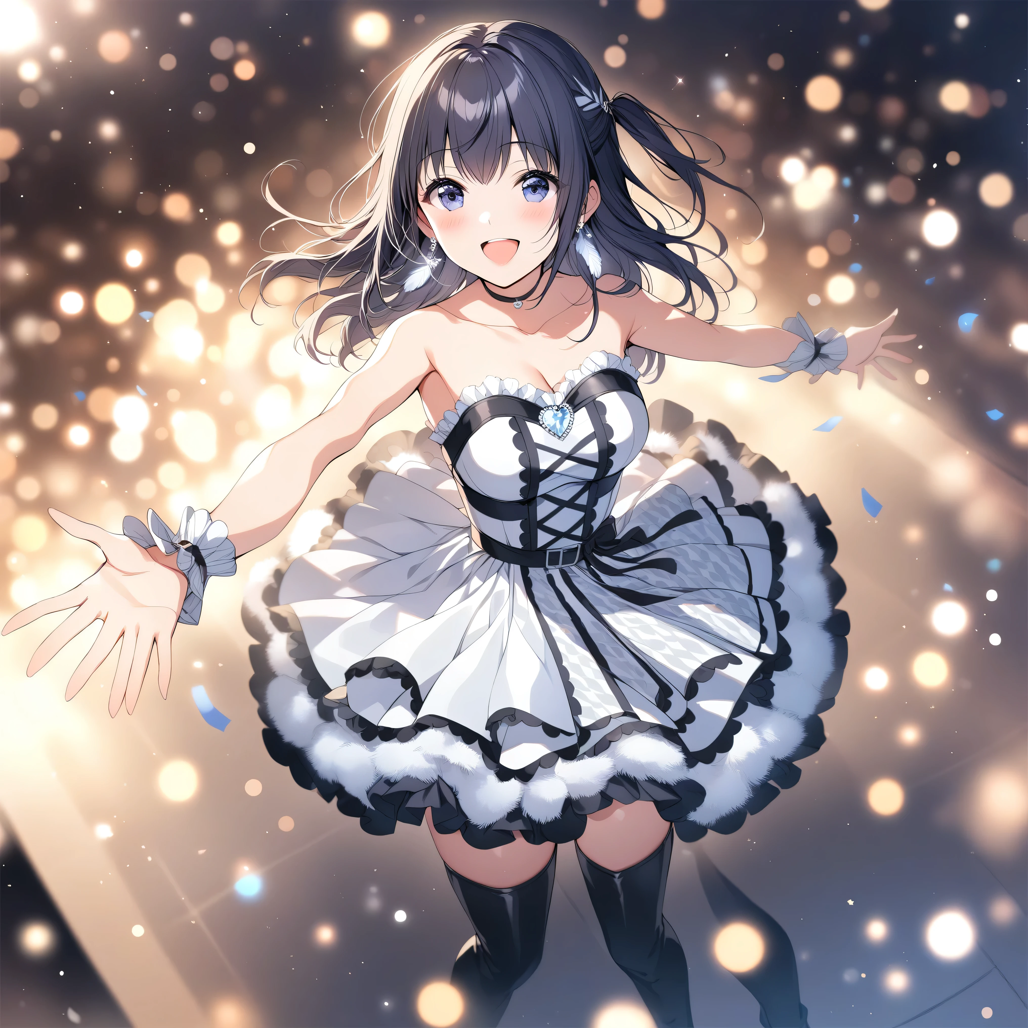 [high quality, best quality], cinematic, from above, wide shot, 1girl, solo, nagase mana, one side up, idol costume, black choker, feather earrings, thigh boots, standing, on stage, outstretched arms, singing, smile, blush, depth of field, bokeh, bloom, hdr, 