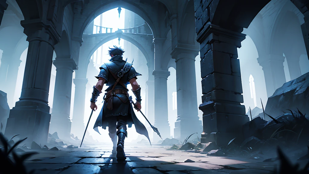 Solo warrior walking through a dark dungeon. Epic Quality. Hi-rez image.