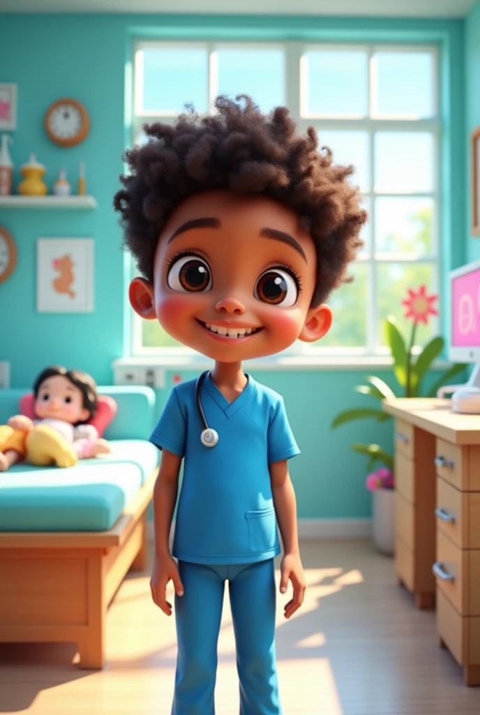pixar 3d image of a beautiful young boy with brown skin color with short hair, dressed as a physiotherapist, happy at his workplace.