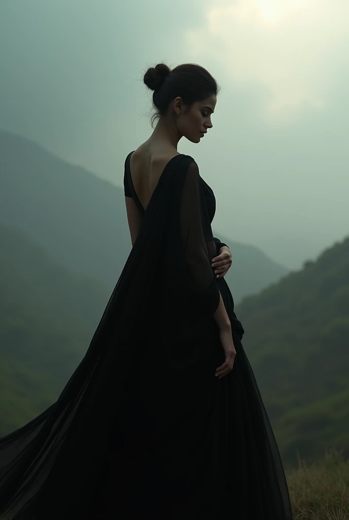 Tamanna bhatia showing hips,cloud, black saree, no sun light, no lose hair, pinned hair, raw photo, big tits, realistic picture, photoshoot