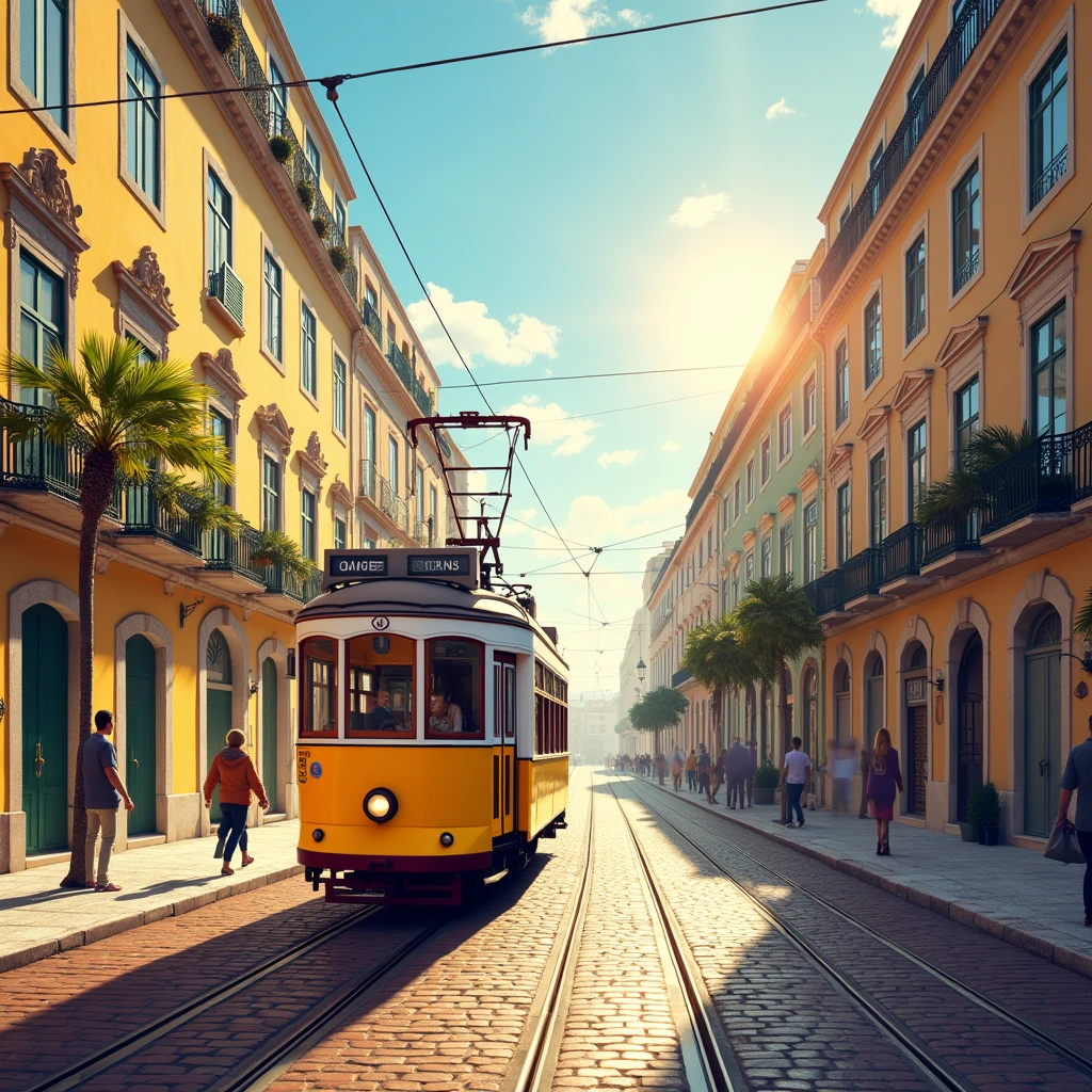 masterpiece、top quality、morning、float。young、Exquisite and detailed drawings, Yellow tram in downtown Lisbon, sunny, the rich, Luxurious, abundant, Lisbon street overview, with shining light、happiness、Fresh morning sunshine、(flame:0.7) 、float、sight