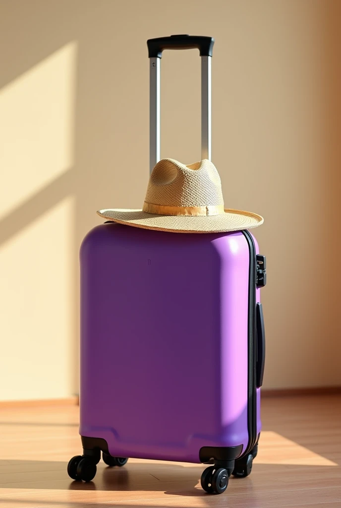 A purple suitcase with wheels, standing upright. On top of the suitcase handle, there is a straw hat placed casually. The hat has a wide brim and is slightly tilted to one side. The scene is well-lit, with the suitcase and hat as the central focus. The background is simple, possibly a smooth floor and a neutral wall, emphasizing the suitcase and hat.