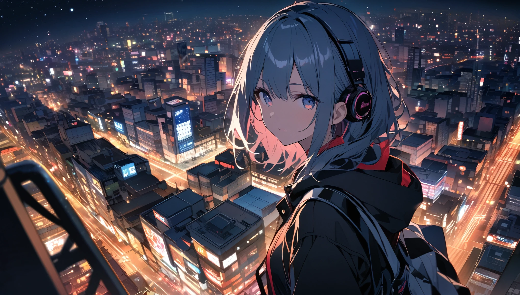 View of Tokyo city,Night starry sky,Streetscape、listen to music、Japanese